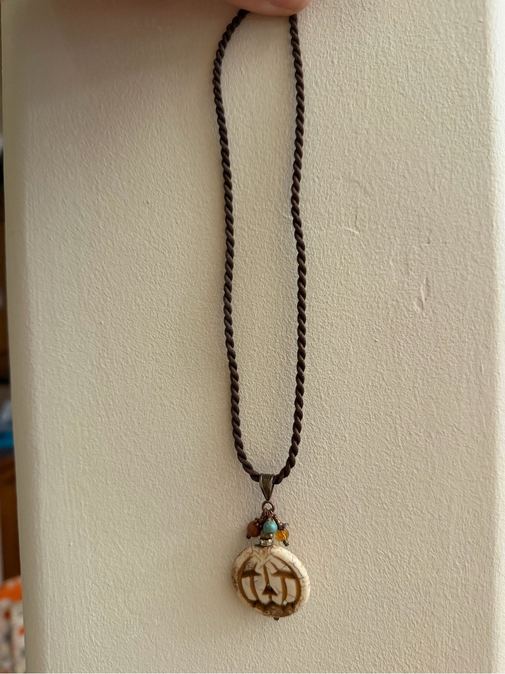 Bohemian Brown Cord Necklace with White Carved pumpkin Pendant